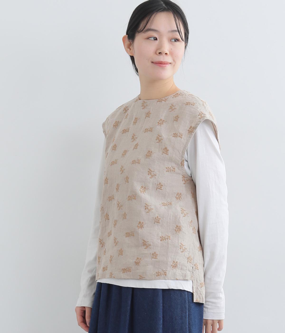 リネンオリーブ刺繍ベスト(ベージュ-F)
