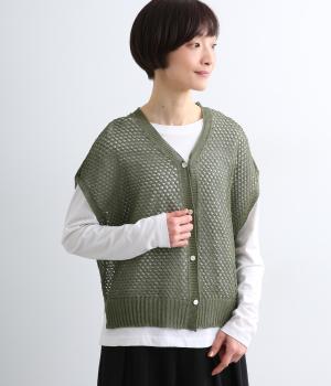 ギマコットン透かし柄カーディガン(カーキ-F)