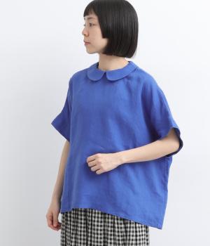 リトアニアリネンシャツカラーブラウス(ブルー-F)