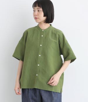 コットンリネン天日干しスタンドカラーブラウス(グリーン-F)