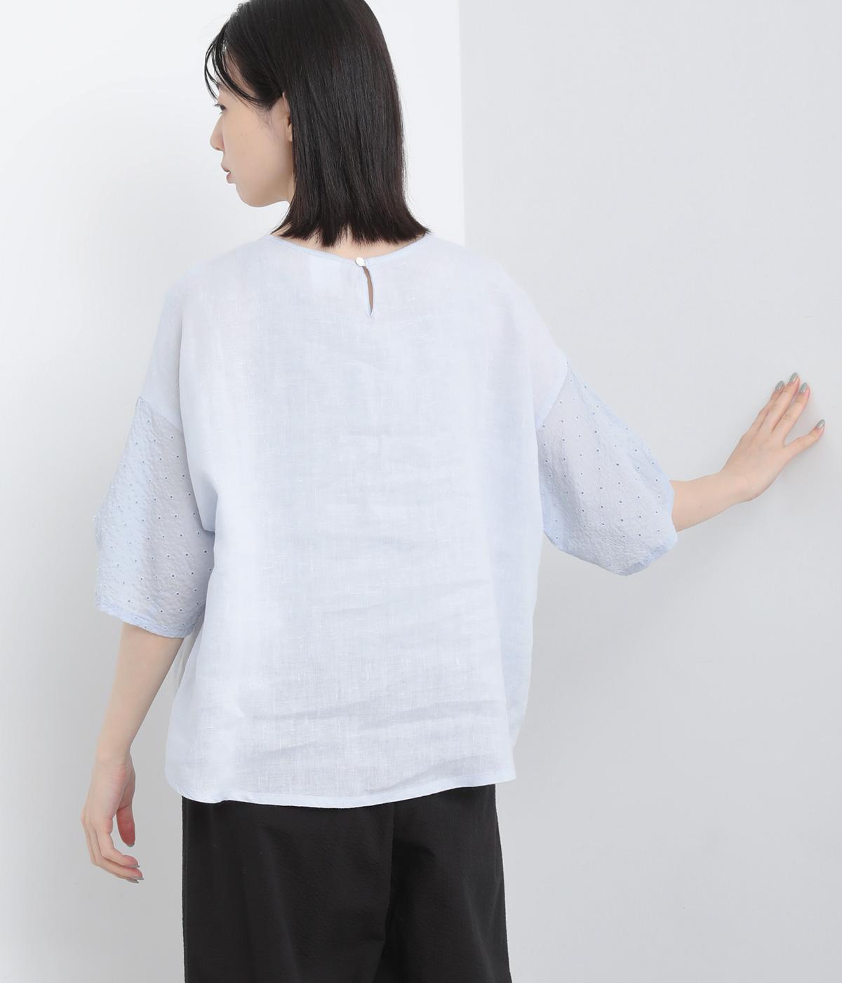 フレンチリネン刺繍スリーブブラウス(サックス-ML)