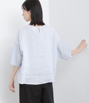 フレンチリネン刺繍スリーブブラウス(サックス-ML)