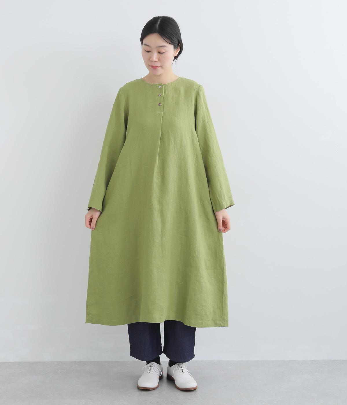 リトアニアリネンフロントタックワンピース(グリーン-F)