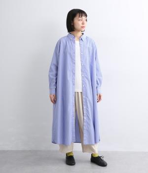 スーピマコットンストライプシャツワンピース(ブルー-F)