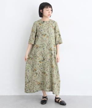 リネンフラワー後ろあき六分袖ワンピース(ライトグリーン-F)