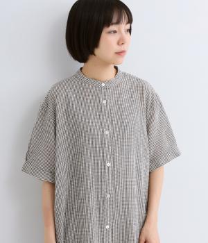 コットンリネンギンガム前あき半袖ワンピース(ベージュ-ML)