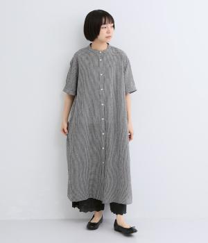 コットンリネンギンガム前あき半袖ワンピース(クロ-ML)