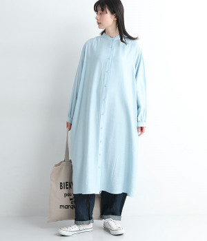スタンドカラーシャツワンピース(ブルー-ONESIZE)