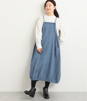 デニム バルーンワンピースエプロン(ブルー-ONESIZE)