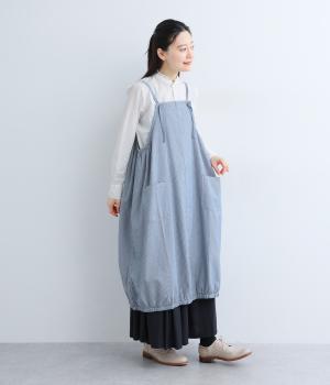 5.4oz布帛デニムエプロンバルーンワンピース(ブルー-F)