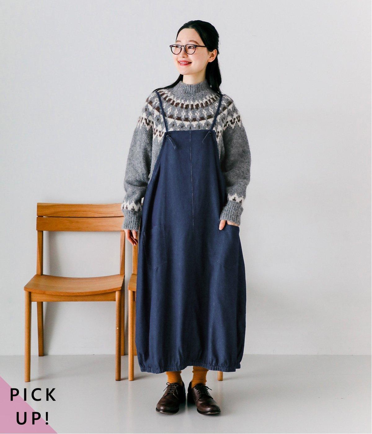 5.4oz布帛デニムエプロンバルーンワンピース(ネイビー-F)