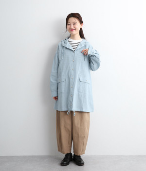 コットン フード付き前開き春コート(ブルー-ONESIZE)
