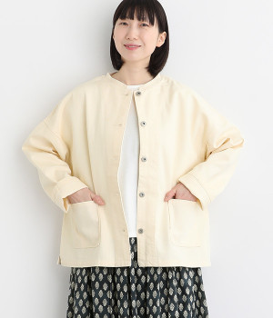11ozコットンリネン布帛デニム ステッチワークノーカラージャケット(アイボリー-ONESIZE)