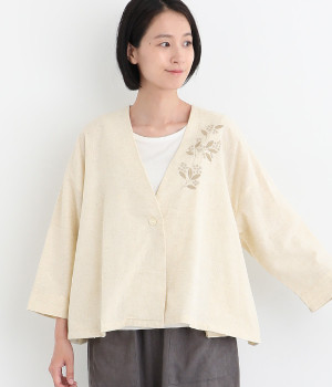 コットンリネン 配色刺繍入りショート丈ジャケット(ベージュ-ONESIZE)