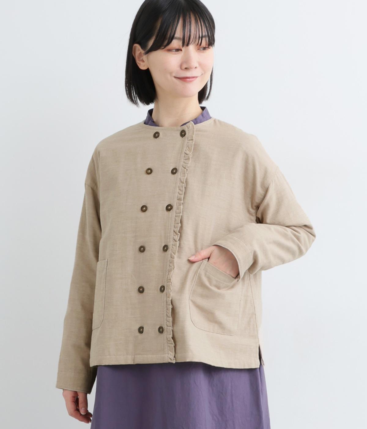 先染コットンWガーゼツイル織り布帛無地前あきフリルつきダブルボタンジャケット(ベージュ杢-F)