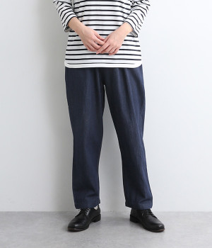 リネン混デニム テーパードパンツ(ネイビー-ONESIZE)