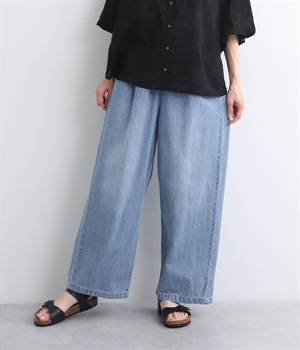 7.8ozソフトデニム 10分丈ワイドテーパードパンツ(ブルー-ONESIZE)