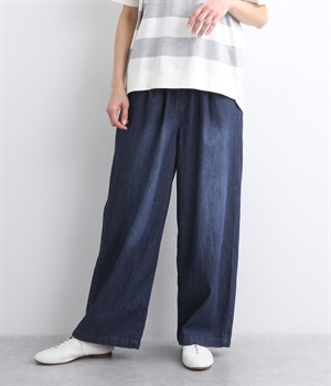 7.8ozソフトデニム 10分丈ワイドテーパードパンツ(ネイビー-ONESIZE)