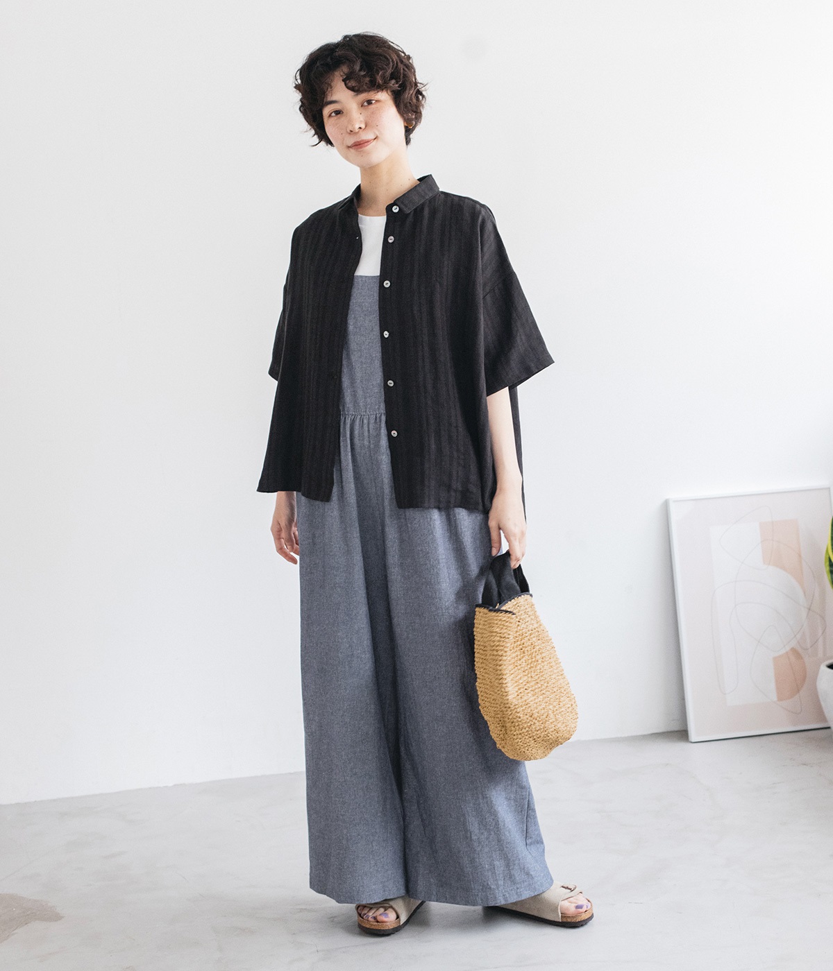 先染めコットンリネンシャンブレー ギャザーサロペット(ネイビー-ONESIZE)