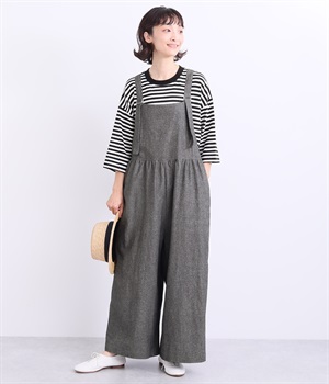 先染めコットンリネンシャンブレー ギャザーサロペット(ブラック-ONESIZE)