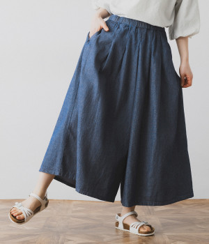 インディゴ染布帛デニム 8分丈タックワイドフレアパンツ(ネイビー-ONESIZE)