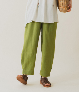 コットンワッシャー 9分丈テーパードパンツ(オリーブ-ONESIZE)