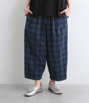 先染めコットン 8分丈バルーンパンツ(ネイビーチェック-ONESIZE)