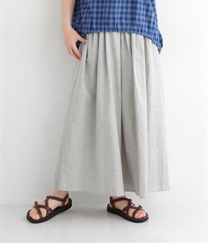 コットンリネン 9分丈タック入りワイドパンツ(ライトグレー-ONESIZE)