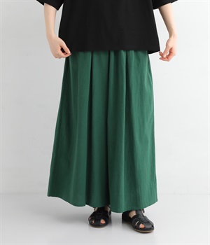 コットンリネン 9分丈タック入りワイドパンツ(グリーン-ONESIZE)