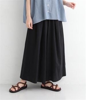 コットンリネン 9分丈タック入りワイドパンツ(ブラック-ONESIZE)