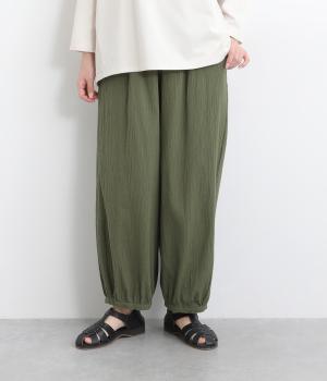 コットンPUシワ入り布帛 9分丈バルーンパンツ(グリーン-ONESIZE)