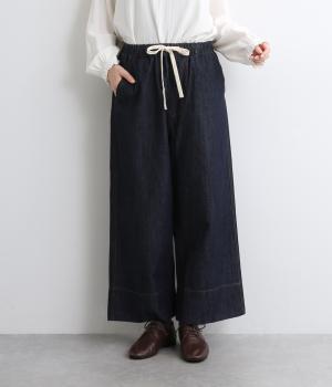9.3ozタテスラブ入り9分丈ワイドストレートパンツ(ネイビー-F)