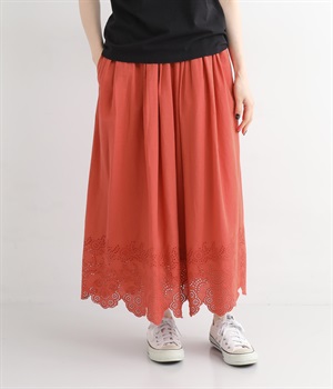 キャンブリック パネル刺繍8分丈スカート(オレンジ-ONESIZE)