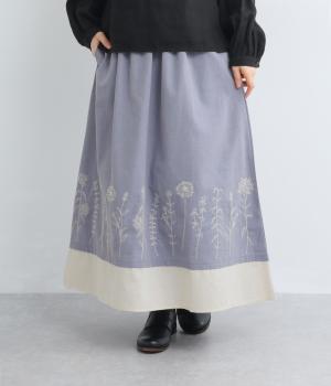 コットンリネン花刺繍入り切替スカート