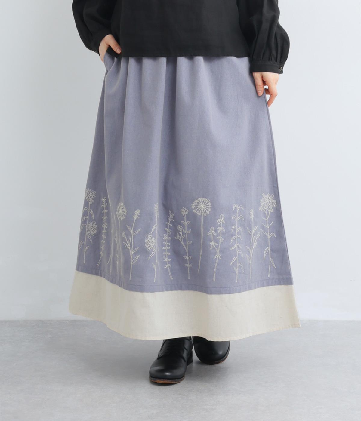 コットンリネン花刺繍入り切替スカート(ブルー-F)