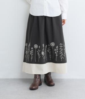 コットンリネン花刺繍入り切替スカート(チャコール-F)