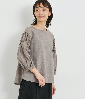 袖切り替え刺繍7分袖ブラウス(ブラウン千鳥柄-ONESIZE)