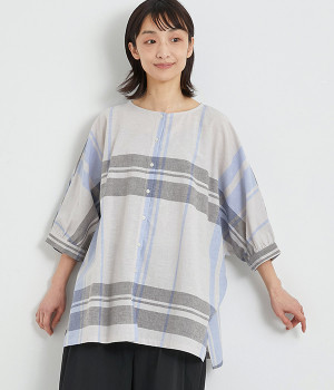 コットンリネン ビックチェックチュニック(ライトグレー-ONESIZE)