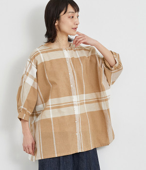 コットンリネン ビックチェックチュニック(ベージュ-ONESIZE)