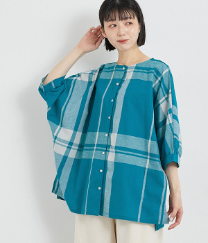 コットンリネン ビックチェックチュニック(ブルーグリーン-ONESIZE)