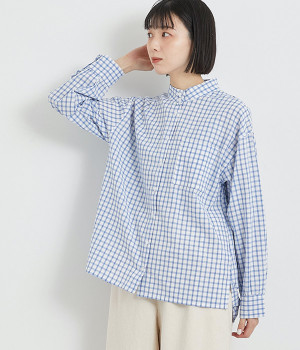 コットンリネン スタンドカラーシャツ(ブルーチェック-ONESIZE)