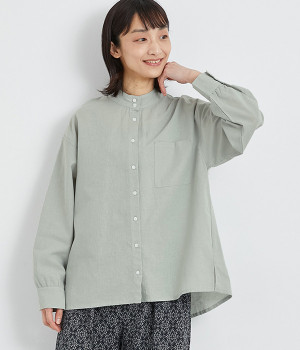 コットンリネン スタンドカラーシャツ(グリーン-ONESIZE)