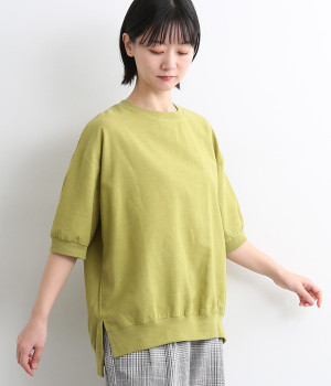 コットンリネンリブ付きブラウス(オリーブ-ONESIZE)