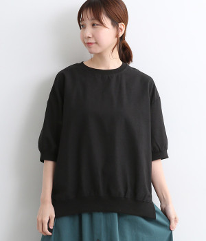 コットンリネンリブ付きブラウス(ブラック-ONESIZE)