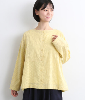 ジャカード パッチワーク前開きブラウス(イエロー-ONESIZE)