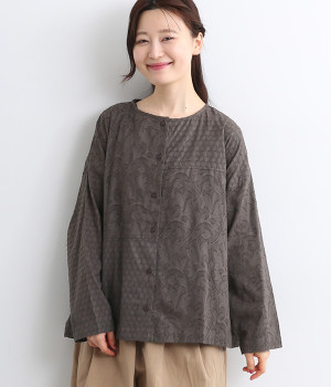 ジャカード パッチワーク前開きブラウス(ダークネイビー-ONESIZE)