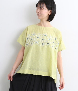 ドビードット パネル刺繍ブラウス(グリーン-ONESIZE)