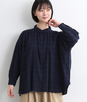 布帛 チェックギャザーブラウス(ネイビー-ONESIZE)