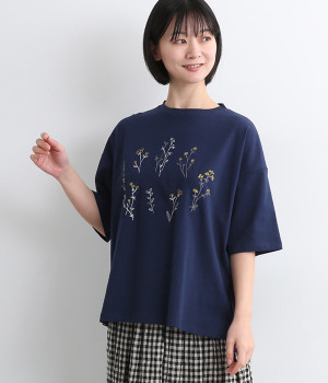 コットン ドロップショルダー花柄刺繍Tシャツ(ネイビー-ONESIZE)