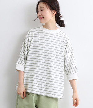 コットン ドルマンスリーブボーダーカットソー(ライトグレー-ONESIZE)